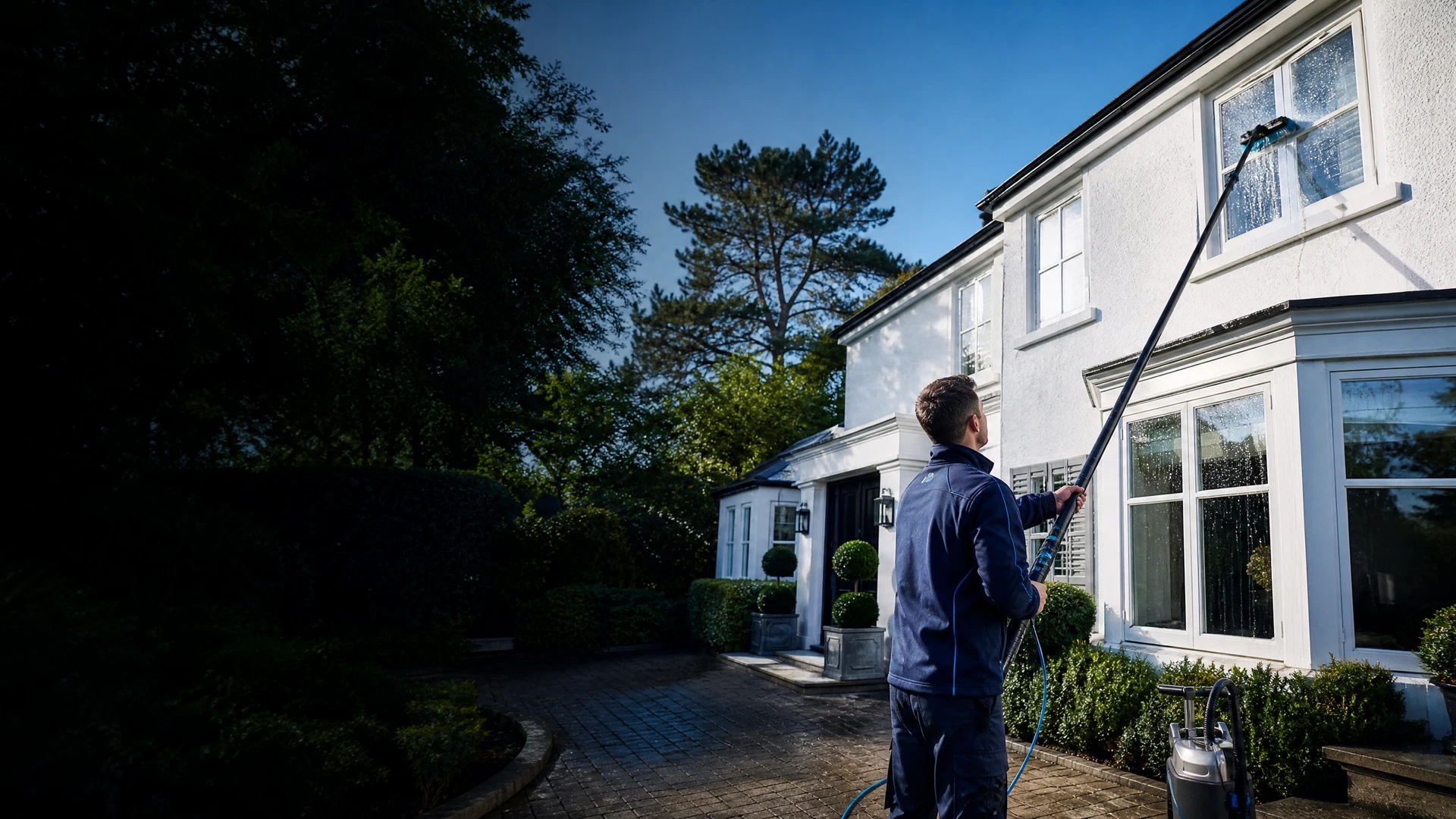 Professional exterior cleaner using a water-fed pole on a British home
